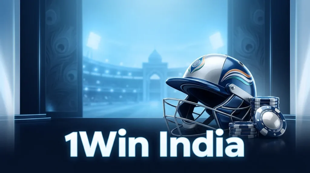 "1Win India" banner featuring a blue and silver cricket helmet adorned with the Indian flag colors next to a stack of casino chips. A blurred cricket stadium stands in the bright blue background.