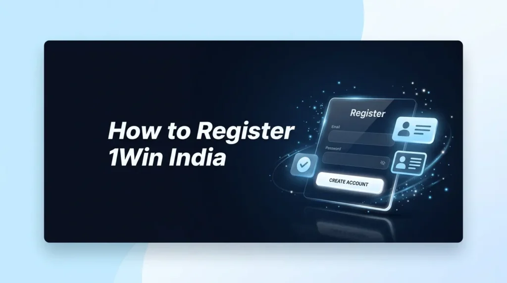 Promotional graphic titled "How to Register 1Win India" displaying a futuristic, glowing digital interface for user registration and account creation on a dark background.